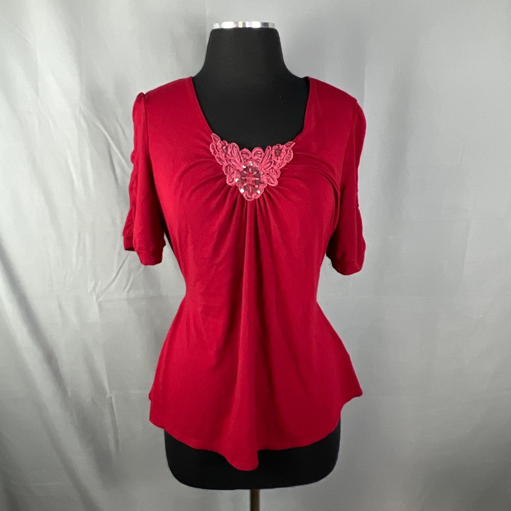 Hillard & Hanson Blouse Top Women XL Red Rayon Stretch Sequined Lace V Neck Boho